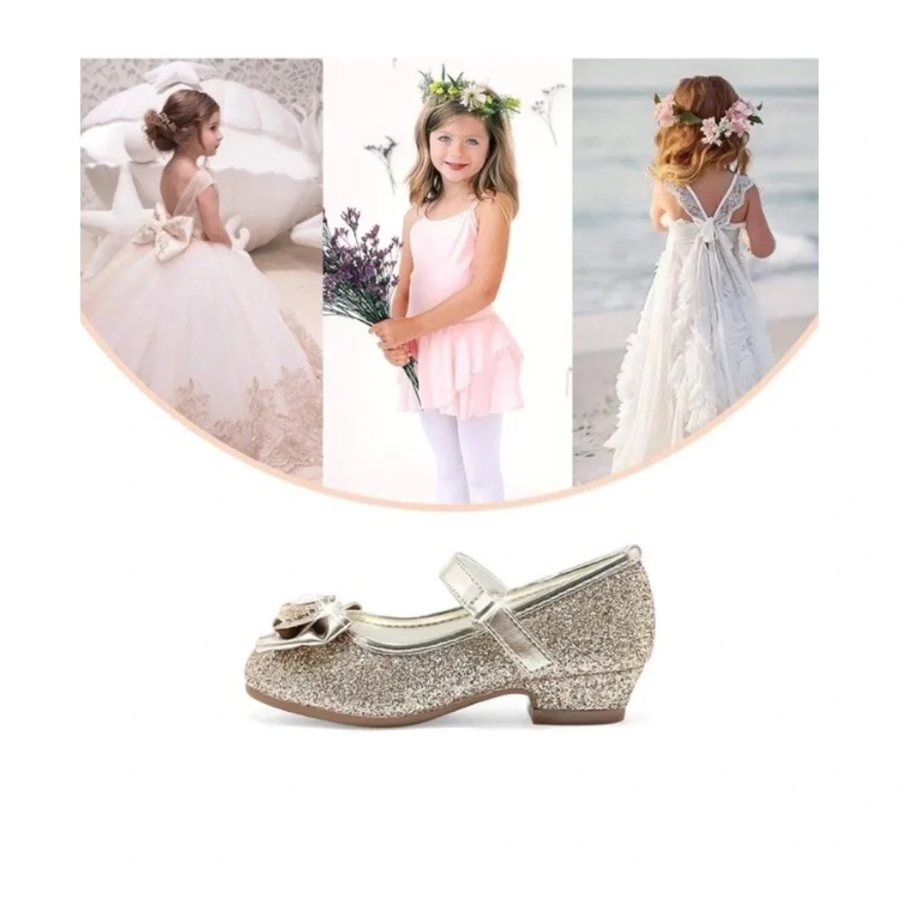 Stelle Girls' Mary Jane Hook & Loop Dress Shoes Gold Glitter Bow Gem Low Heel
